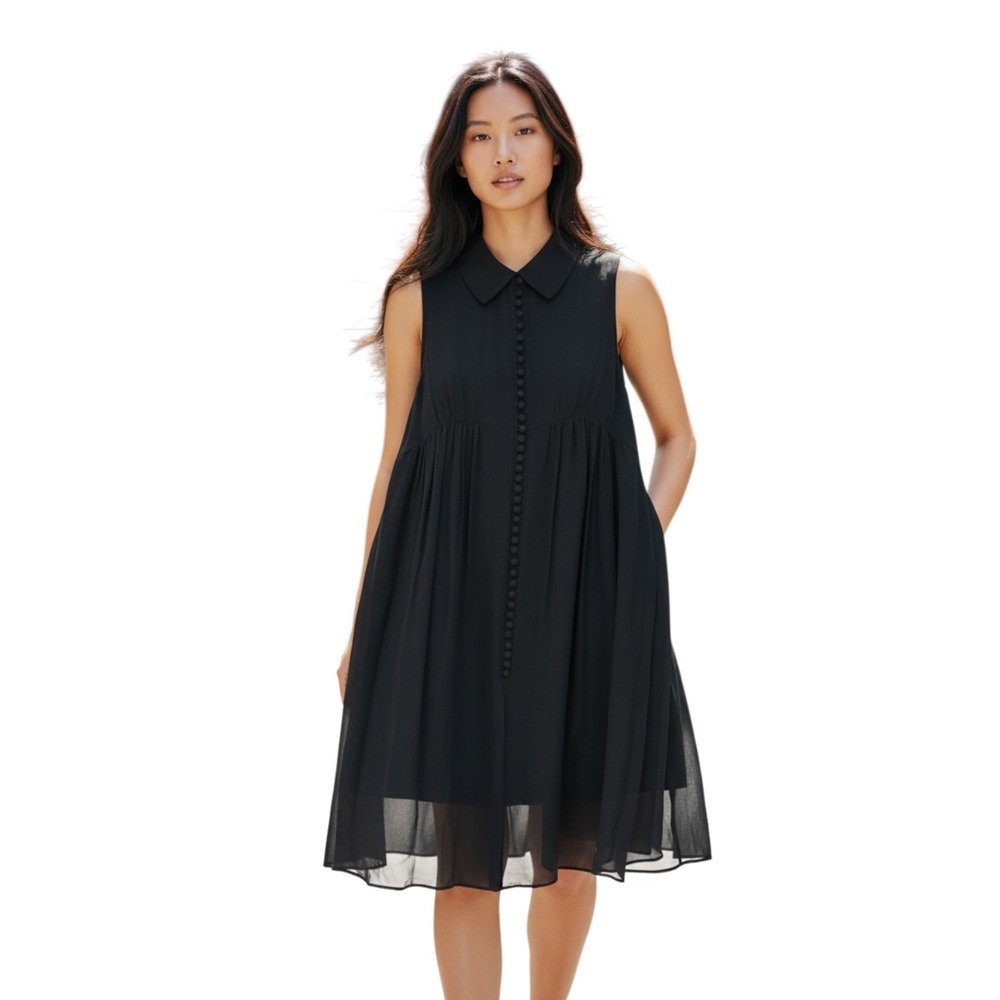 LUX Womens Black Silk Sleeveless Babydoll Dress Peter Pan Collar Button Front SM